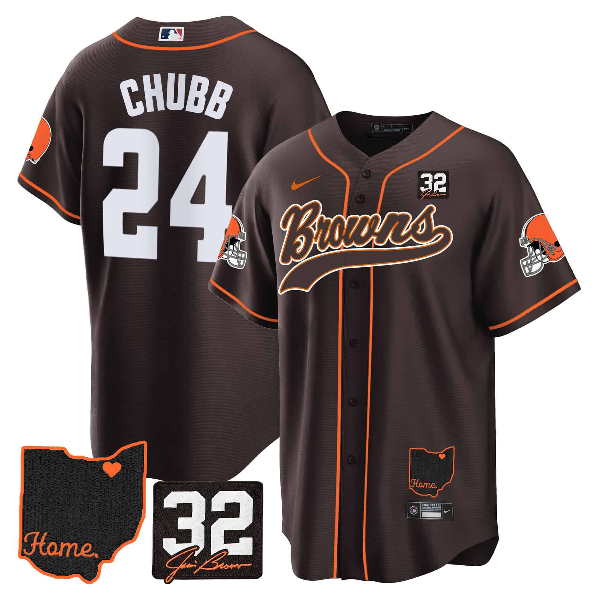 Men Cleveland Browns #24 Chubb Brown Memorial Home Patch Baseball 2024 Nike NFL Jersey style 1